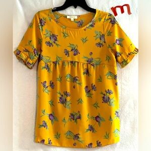 LADIES MUSTARD COLORED TOP WITH BLUE & PURPLE FLOWERS